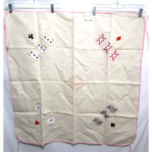VTG George B Tan Hand Embroidered Playing Card Table Cloth Cover 33" x 33"